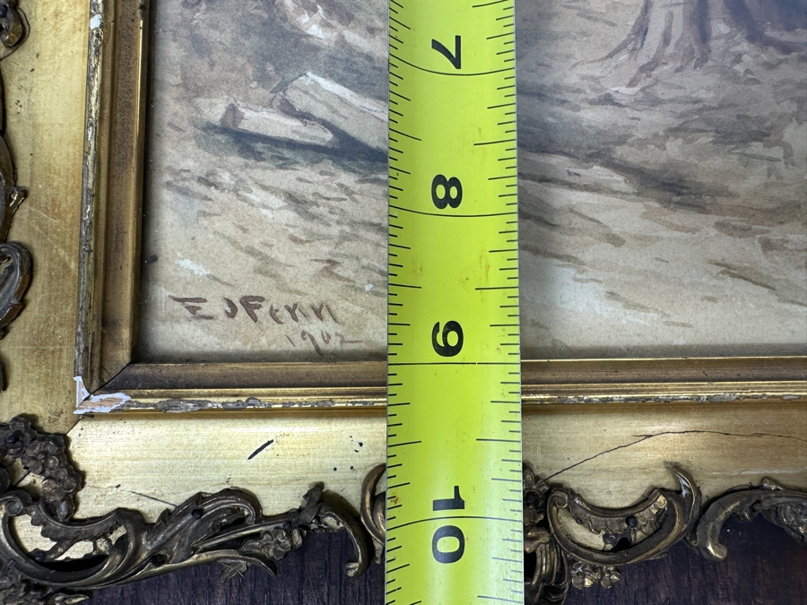 Elbridge J. Fenn (1857-1934, United States) Original Landscape Watercolor Painting On Paper Signed Lower Right E J Fenn 1902 6' X 9' In Antique Frame 14' X 18.5' [Photo 9]