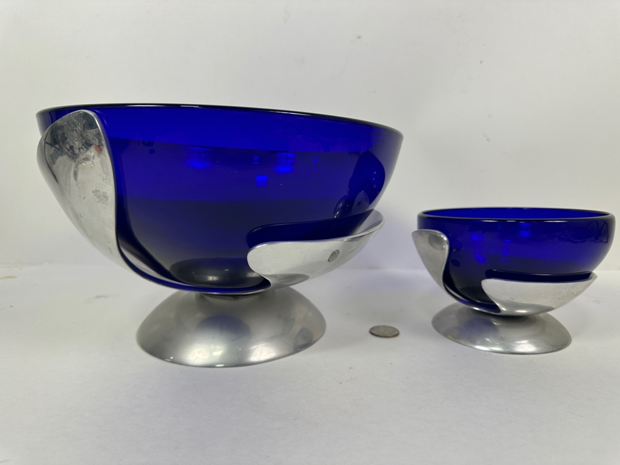Mexican Art Glass Bowls with Metal Bases 10.5'W x 6.25'H and 6'W x 4'H [Photo 2]
