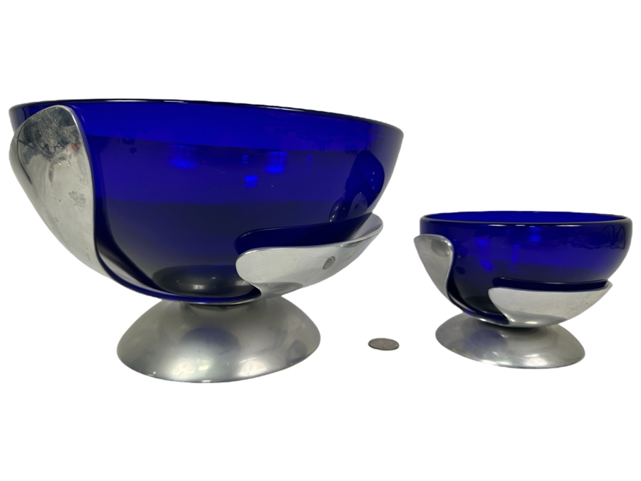 Mexican Art Glass Bowls with Metal Bases 10.5'W x 6.25'H and 6'W x 4'H