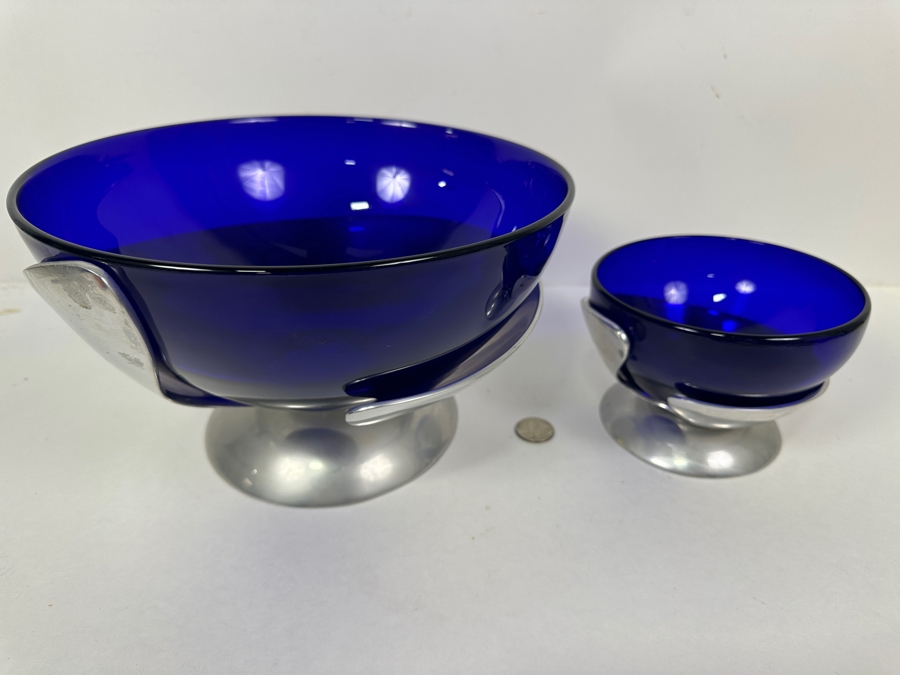 Mexican Art Glass Bowls with Metal Bases 10.5'W x 6.25'H and 6'W x 4'H [Photo 3]
