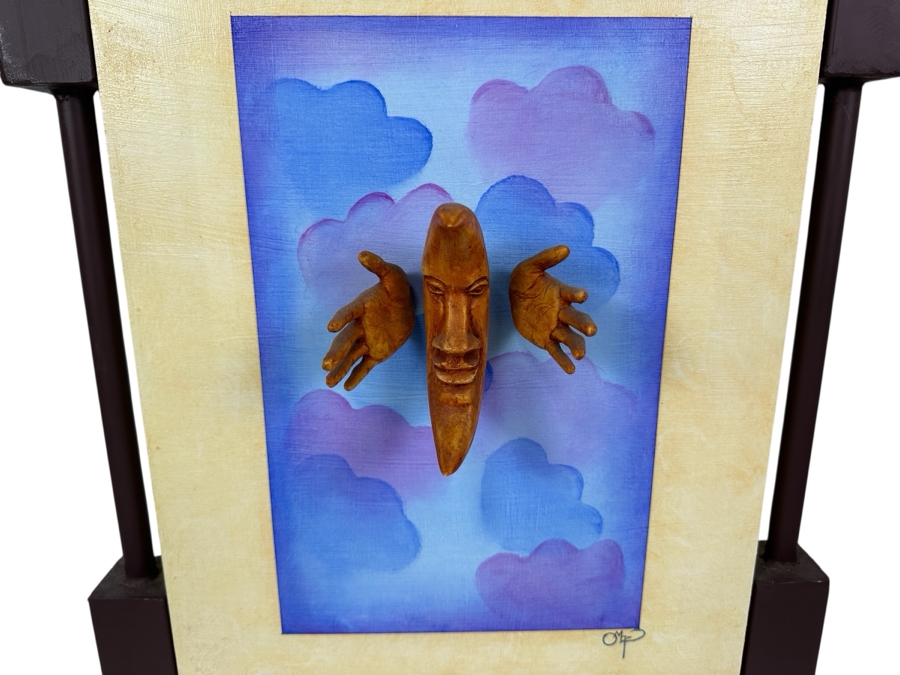 Original Mixed Media Sculptural Artwork with 3D Crescent Moon and Hands  Artist Signed 18.5W X 24H X 6D