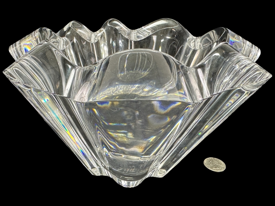 Kosta Boda Signed Anna Ehrner Scalloped Crystal Clear Glass Vase 9.5'W x 6'H