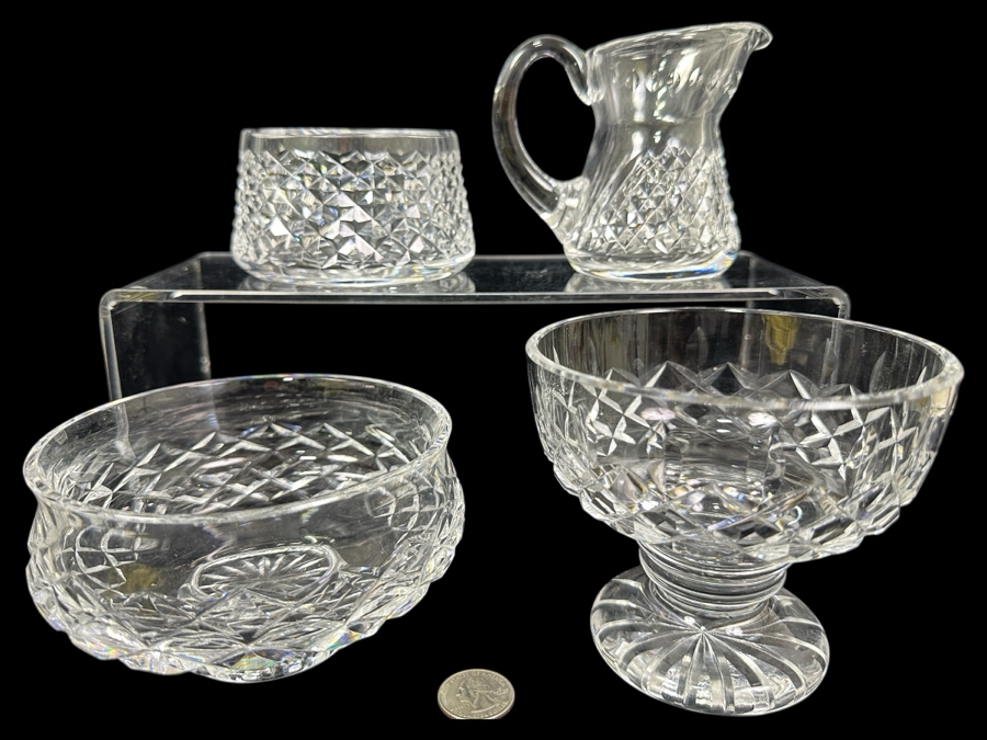 Waterford Crystal Alana Sugar Bowl, Creamer, Comeragh Short Footed Bowl and Araglin Footed Candy Bowl
