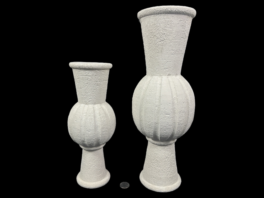 Pair of White Textured Candlesticks 11'H and 15.5'H [Photo 1]
