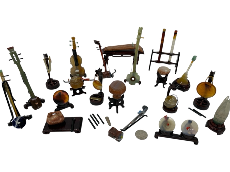 Large Collection Of Chinese Instrument Figurines Of Various Stones