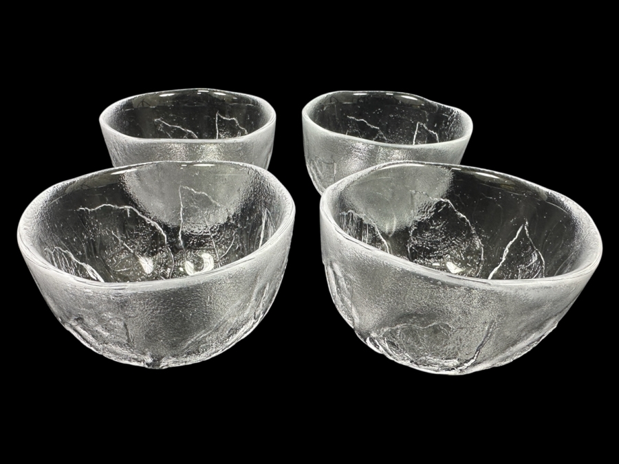 Set of (4) Kosta Boda Party Series Leaf Embossed Clear Glass Bowls 5'W [Photo 1]