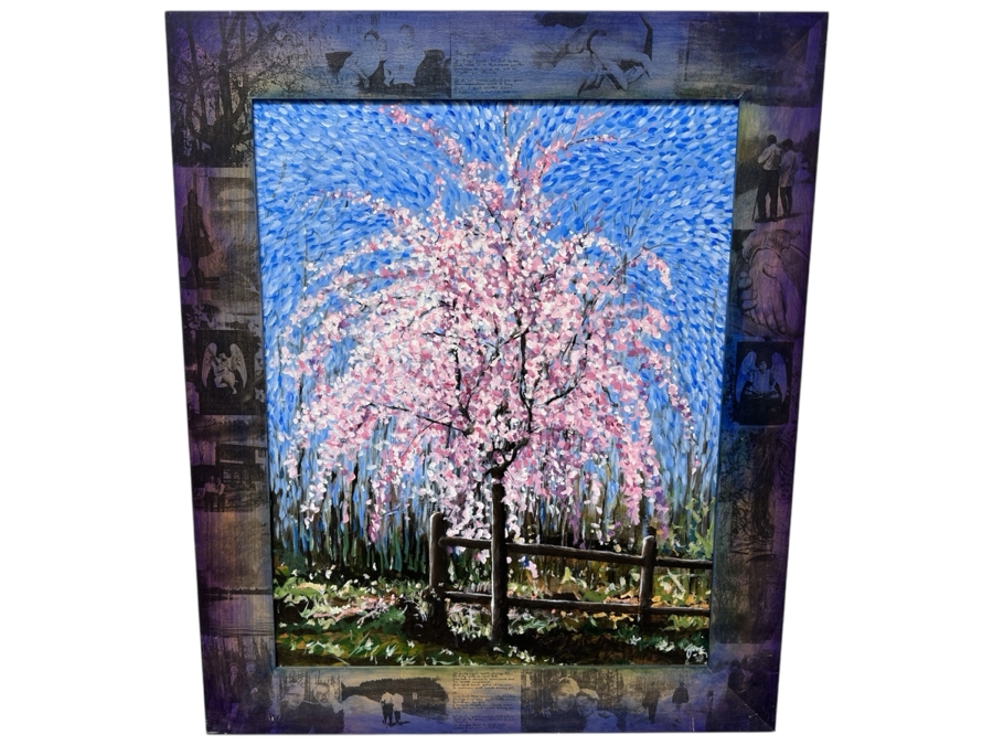 Gerrit Greve (1948-2024, Cardiff by the Sea, CA) Original Acrylic And Carbon Transfers Painting On Canvas And Wood Titled 'Ted's Cherry Tree #2' 1998 Signed Lower Right And Verso 32' X 38' Estimate $1,216 - $1,520