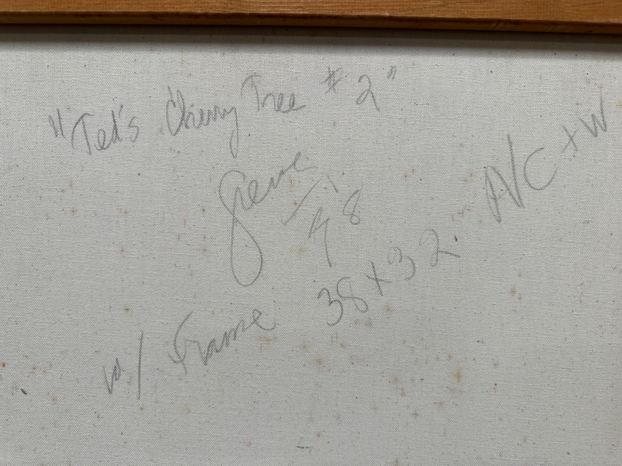 Gerrit Greve (1948-2024, Cardiff by the Sea, CA) Original Acrylic And Carbon Transfers Painting On Canvas And Wood Titled 'Ted's Cherry Tree #2' 1998 Signed Lower Right And Verso 24' X 30' Framed 32' X 38' Estimate $1,216 - $1,520 [Photo 20]