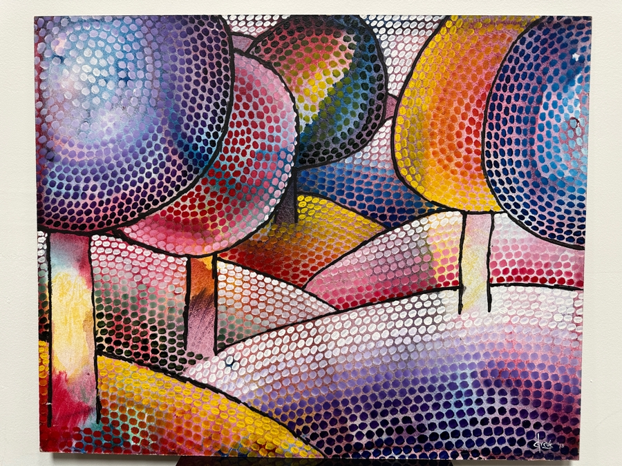 Gerrit Greve (1948-2024, Cardiff by the Sea, CA) Original Acrylic Painting On Board Titled 'Lollipop Trees' 1973 Signed Lower Right 28' X 24' Estimate $672 - $840 [Photo 2]