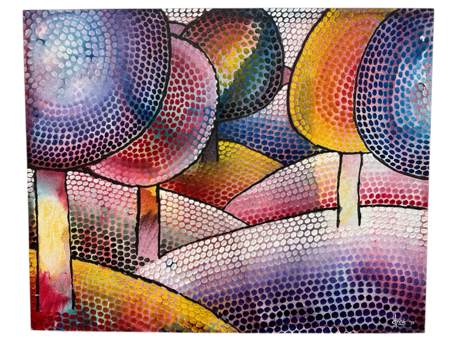 Gerrit Greve (1948-2024, Cardiff by the Sea, CA) Original Acrylic Painting On Board Titled 'Lollipop Trees' 1973 Signed Lower Right 28' X 24' Estimate $672 - $840 [Photo 1]