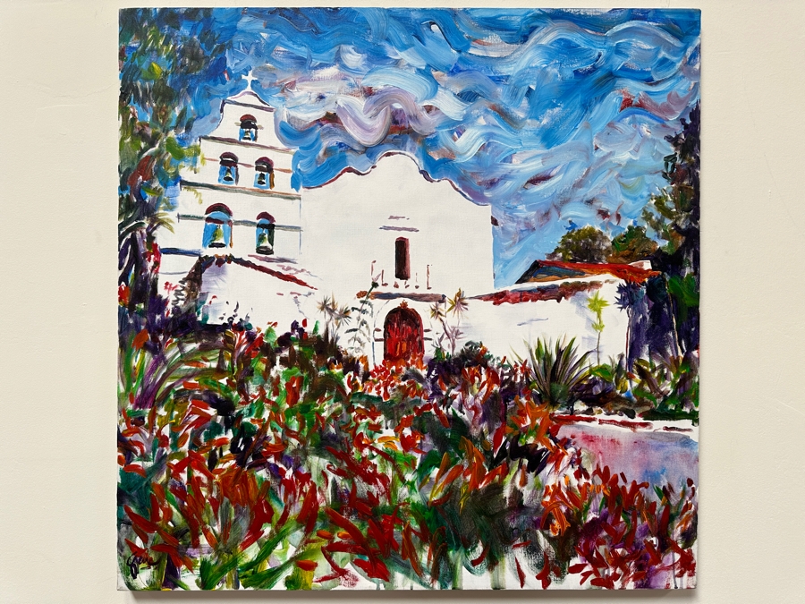 Gerrit Greve (1948-2024, Cardiff by the Sea, CA) Original Acrylic Painting On Canvas Titled 'San Diego Mission'  Signed Lower Left And Verso 36' X 36' Estimate $1,296 - $1,620 [Photo 2]