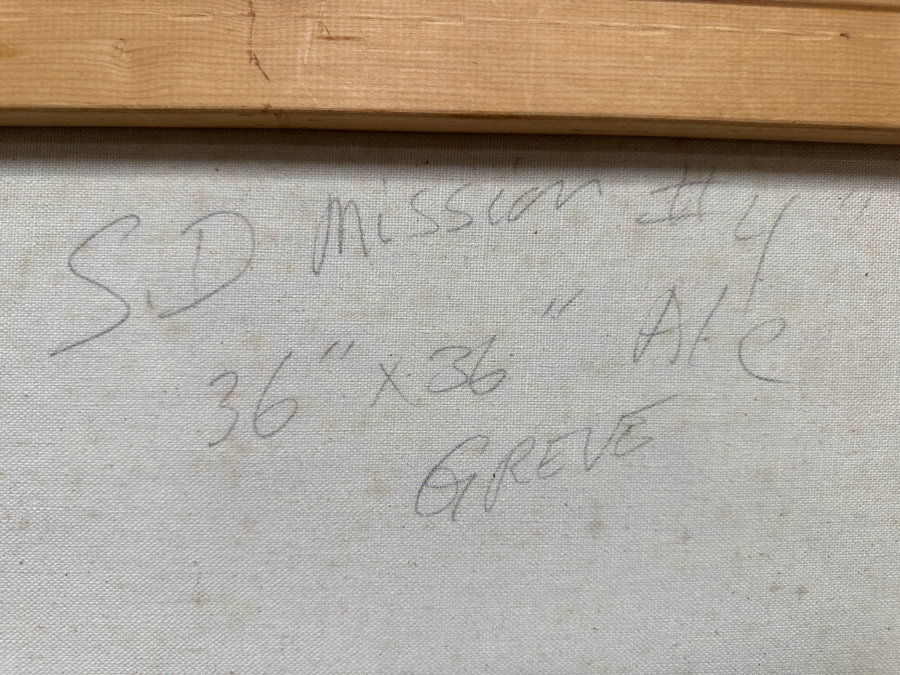 Gerrit Greve (1948-2024, Cardiff by the Sea, CA) Original Acrylic Painting On Canvas Titled 'San Diego Mission'  Signed Lower Left And Verso 36' X 36' Estimate $1,296 - $1,620 [Photo 7]