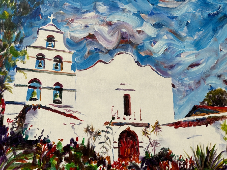 Gerrit Greve (1948-2024, Cardiff by the Sea, CA) Original Acrylic Painting On Canvas Titled 'San Diego Mission'  Signed Lower Left And Verso 36' X 36' Estimate $1,296 - $1,620 [Photo 3]