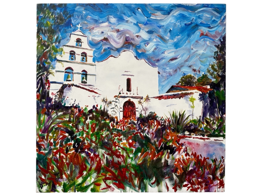 Gerrit Greve (1948-2024, Cardiff by the Sea, CA) Original Acrylic Painting On Canvas Titled 'San Diego Mission'  Signed Lower Left And Verso 36' X 36' Estimate $1,296 - $1,620