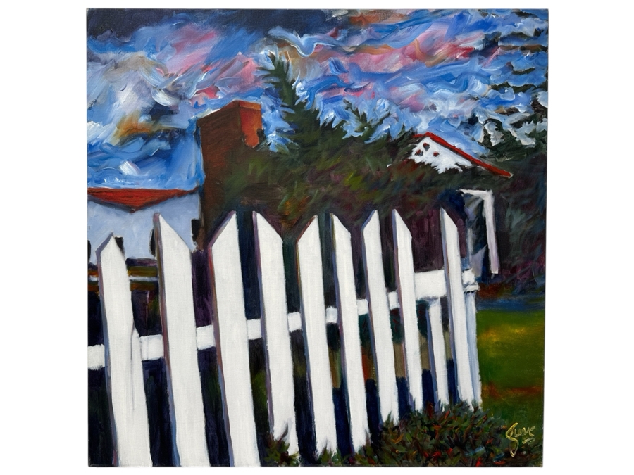 Gerrit Greve (1948-2024, Cardiff by the Sea, CA) Original Acrylic Painting On Canvas Titled 'Picket Fence In Cardiff #2'  Signed Lower Right 36' X 36' Estimate $1,296 - $1,620