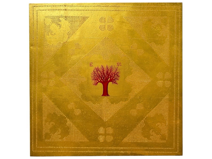 Gerrit Greve (1948-2024, Cardiff by the Sea, CA) Original Acrylic Sand Painting On Canvas Titled 'Jesus Christus: The Crucifixion' 2001 Signed Verso 36' X 36' Estimate $1,296 - $1,620