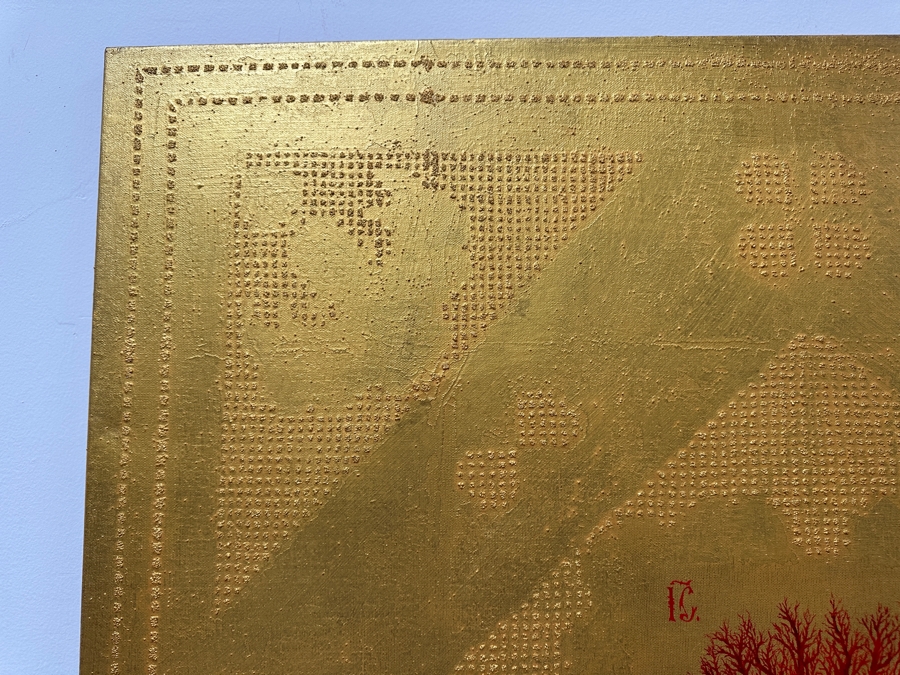 Gerrit Greve (1948-2024, Cardiff by the Sea, CA) Original Acrylic Sand Painting On Canvas Titled 'Jesus Christus: The Crucifixion' 2001 Signed Verso 36' X 36' Estimate $1,296 - $1,620 [Photo 5]