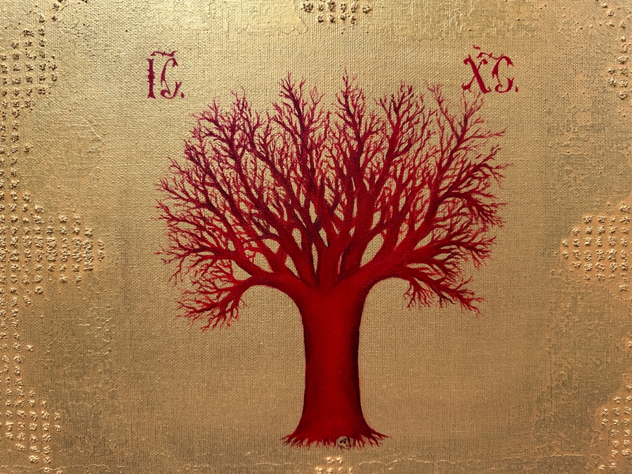 Gerrit Greve (1948-2024, Cardiff by the Sea, CA) Original Acrylic Sand Painting On Canvas Titled 'Jesus Christus: The Crucifixion' 2001 Signed Verso 36' X 36' Estimate $1,296 - $1,620 [Photo 4]