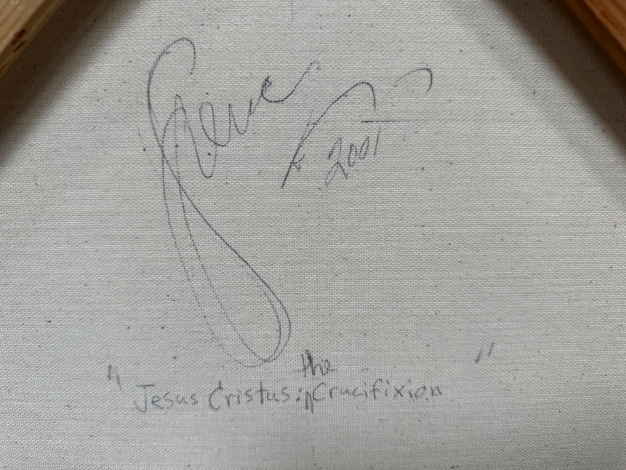 Gerrit Greve (1948-2024, Cardiff by the Sea, CA) Original Acrylic Sand Painting On Canvas Titled 'Jesus Christus: The Crucifixion' 2001 Signed Verso 36' X 36' Estimate $1,296 - $1,620 [Photo 7]