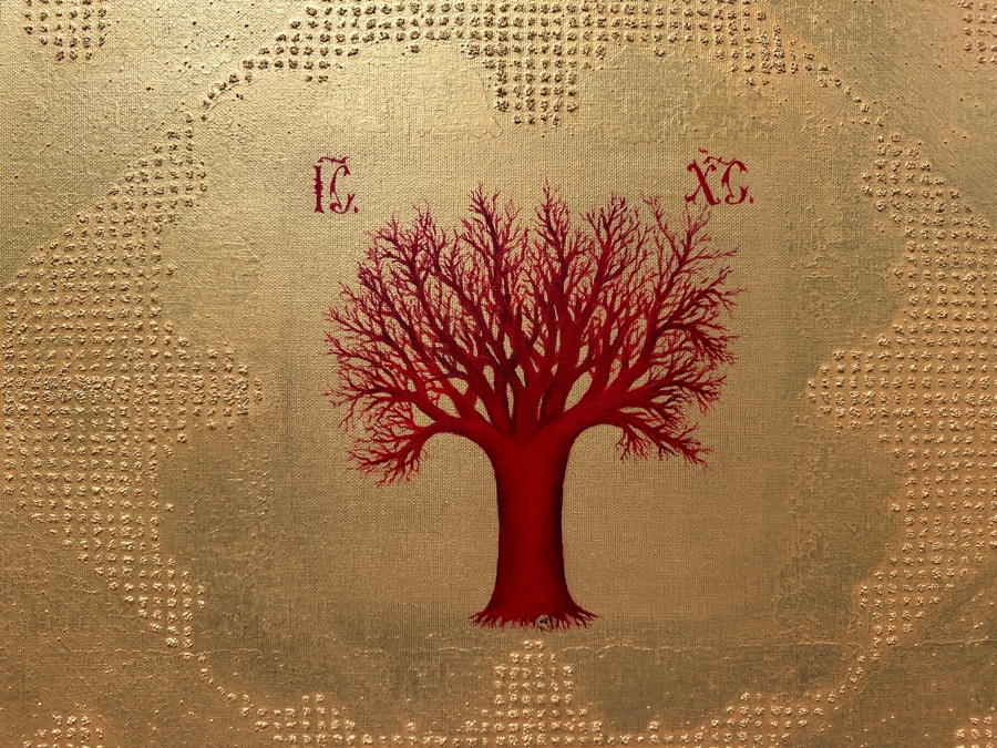 Gerrit Greve (1948-2024, Cardiff by the Sea, CA) Original Acrylic Sand Painting On Canvas Titled 'Jesus Christus: The Crucifixion' 2001 Signed Verso 36' X 36' Estimate $1,296 - $1,620 [Photo 3]