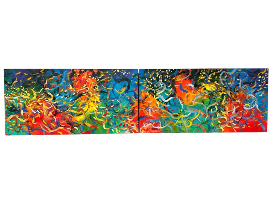Gerrit Greve (1948-2024, Cardiff by the Sea, CA) Original Acrylic Diptych Painting On Canvas Titled 'Vegas Garden'  Signed Verso 96' X 24' Estimate $2,304 - $2,880