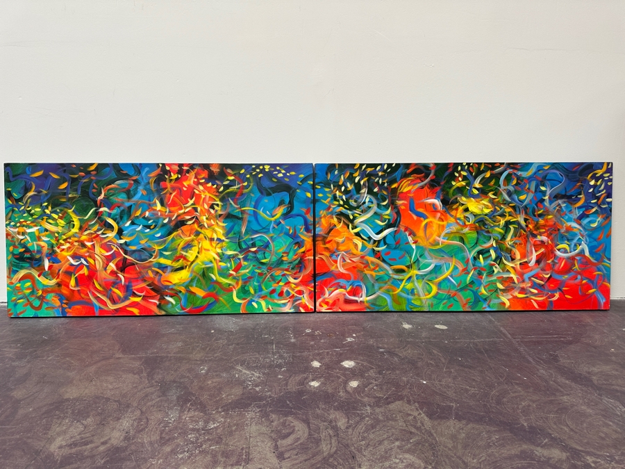 Gerrit Greve (1948-2024, Cardiff by the Sea, CA) Original Acrylic Diptych Painting On Canvas Titled 'Vegas Garden'  Signed Verso 96' X 24' Estimate $2,304 - $2,880 [Photo 2]