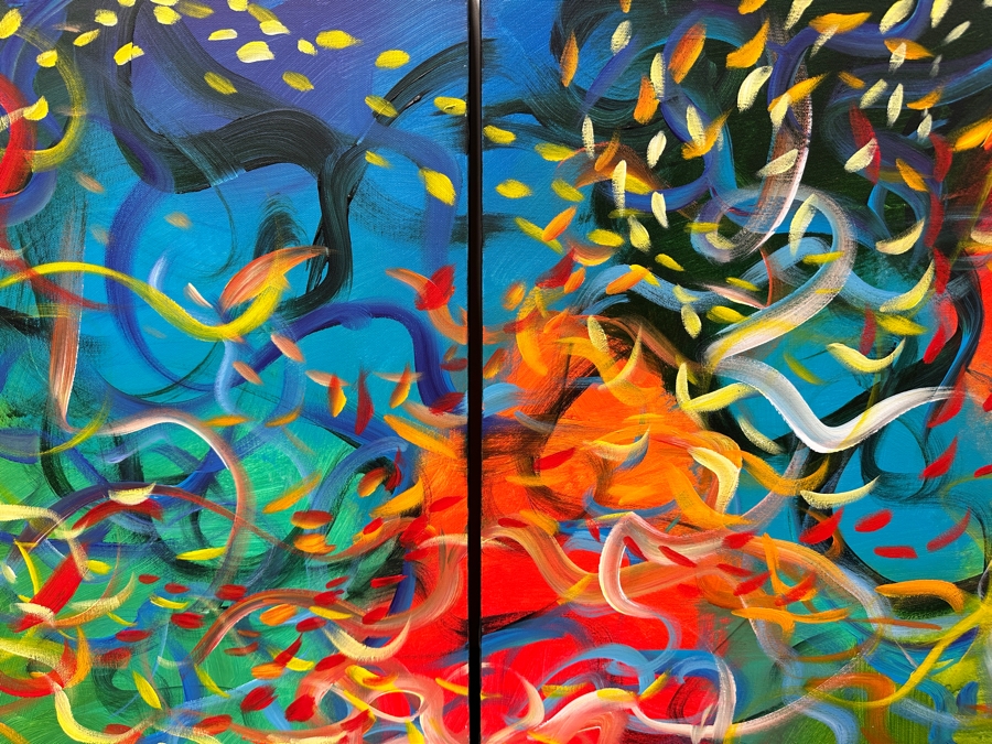 Gerrit Greve (1948-2024, Cardiff by the Sea, CA) Original Acrylic Diptych Painting On Canvas Titled 'Vegas Garden'  Signed Verso 96' X 24' Estimate $2,304 - $2,880 [Photo 5]