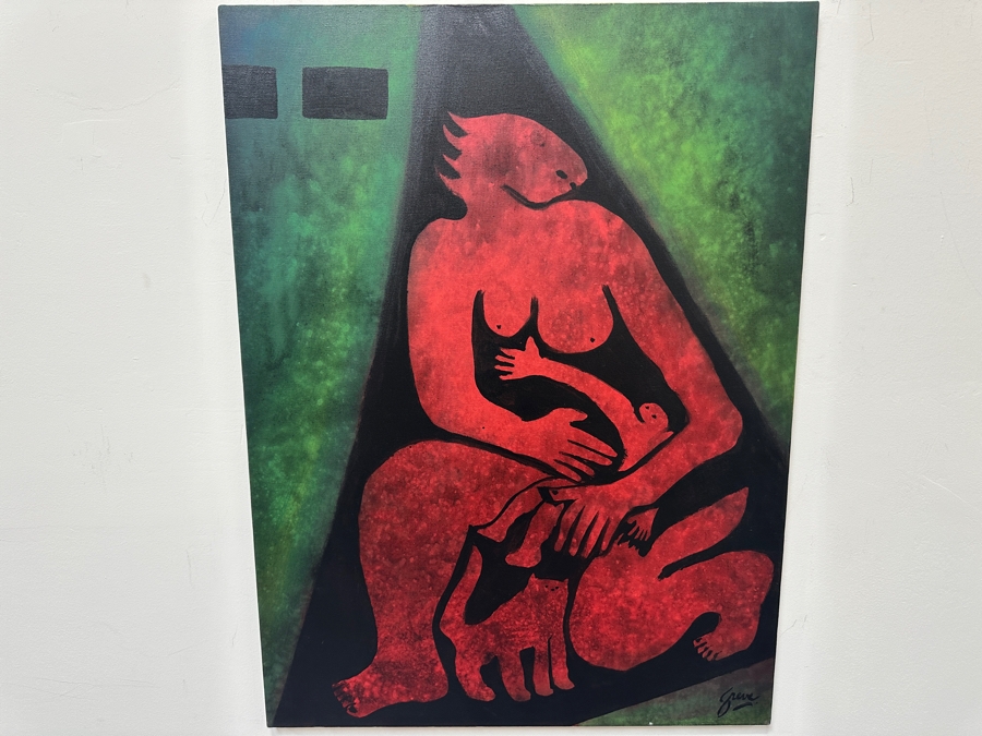 Gerrit Greve (1948-2024, Cardiff by the Sea, CA) Original Acrylic Painting On Canvas Titled 'Mother With Child And Cat' Signed Lower Right 30' X 40' Estimate $1,200 - $1,500 [Photo 2]