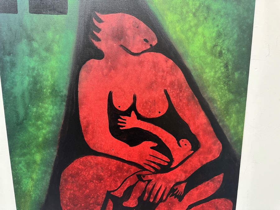 Gerrit Greve (1948-2024, Cardiff by the Sea, CA) Original Acrylic Painting On Canvas Titled 'Mother With Child And Cat' Signed Lower Right 30' X 40' Estimate $1,200 - $1,500 [Photo 3]