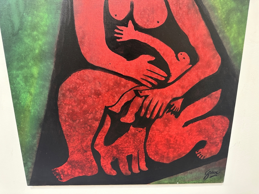 Gerrit Greve (1948-2024, Cardiff by the Sea, CA) Original Acrylic Painting On Canvas Titled 'Mother With Child And Cat' Signed Lower Right 30' X 40' Estimate $1,200 - $1,500 [Photo 4]