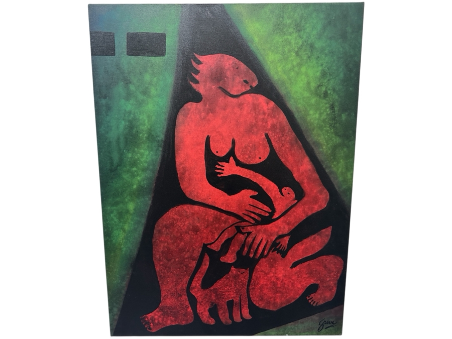 Gerrit Greve (1948-2024, Cardiff by the Sea, CA) Original Acrylic Painting On Canvas Titled 'Mother With Child And Cat' Signed Lower Right 30' X 40' Estimate $1,200 - $1,500