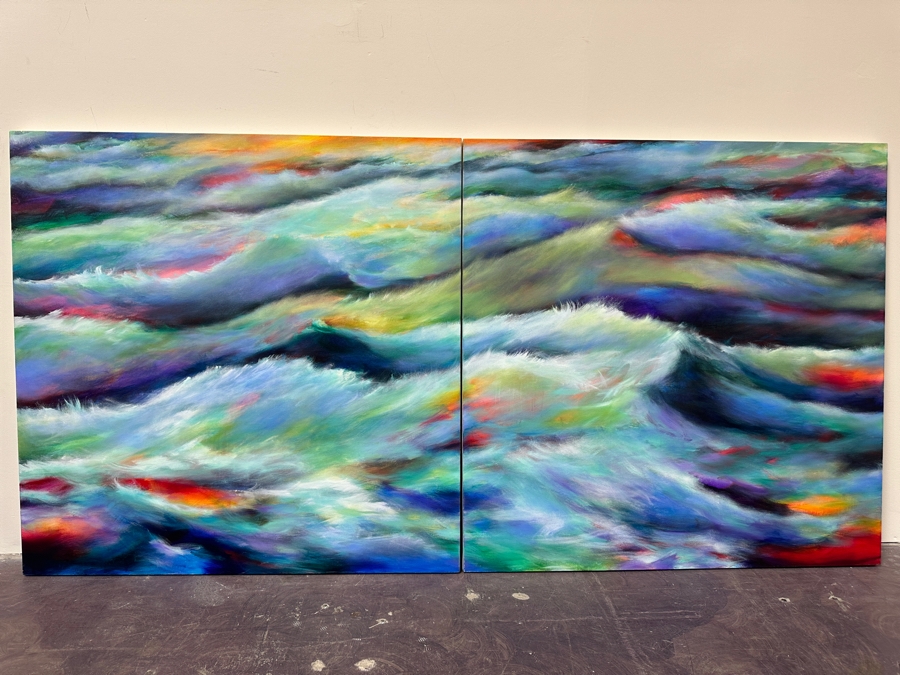 Gerrit Greve (1948-2024, Cardiff by the Sea, CA) Original Acrylic Diptych Painting On Canvas Titled 'Ocean Waves' 2018 Signed Verso 96' X 48' Estimate $4,608 - $5,760 [Photo 2]