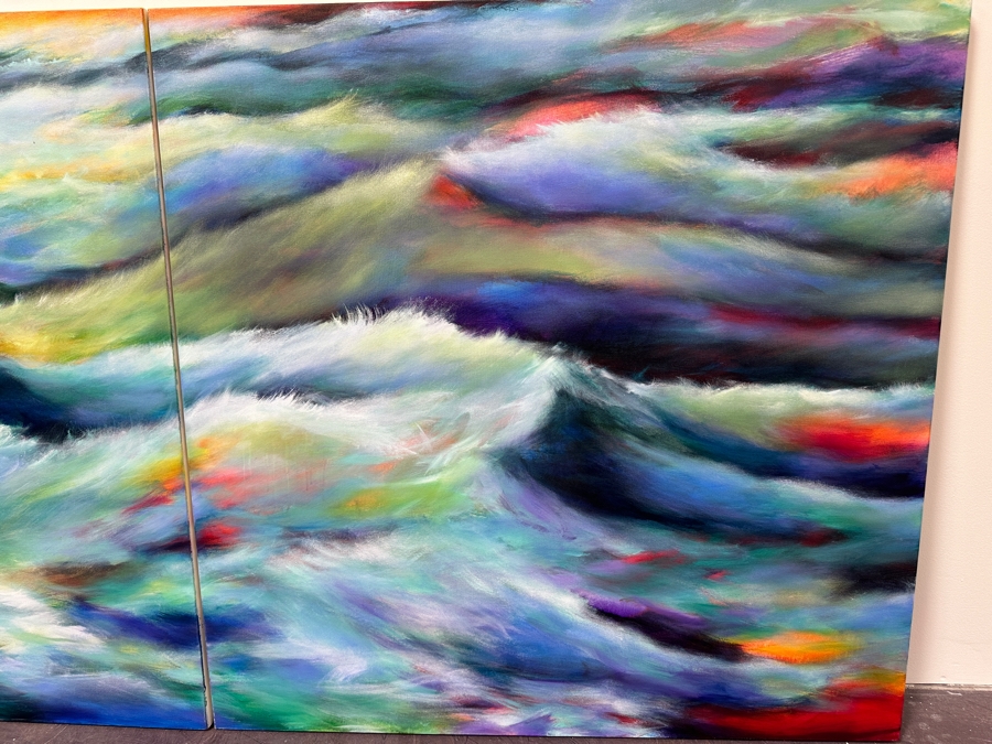 Gerrit Greve (1948-2024, Cardiff by the Sea, CA) Original Acrylic Diptych Painting On Canvas Titled 'Ocean Waves' 2018 Signed Verso 96' X 48' Estimate $4,608 - $5,760 [Photo 4]