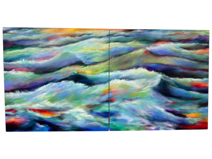 Gerrit Greve (1948-2024, Cardiff by the Sea, CA) Original Acrylic Diptych Painting On Canvas Titled 'Ocean Waves' 2018 Signed Verso 96' X 48' Estimate $4,608 - $5,760