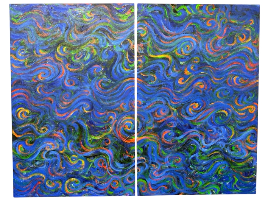 Gerrit Greve (1948-2024, Cardiff by the Sea, CA) Original Acrylic Diptych Painting On Canvas Titled 'Kelp Eddies Remembered' Signed Verso 84' X 66' Estimate $5,544 - $6,930 [Photo 1]