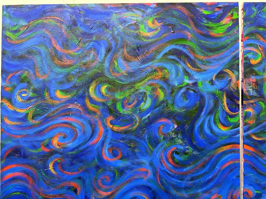 Gerrit Greve (1948-2024, Cardiff by the Sea, CA) Original Acrylic Diptych Painting On Canvas Titled 'Kelp Eddies Remembered' Signed Verso 84' X 66' Estimate $5,544 - $6,930 [Photo 5]