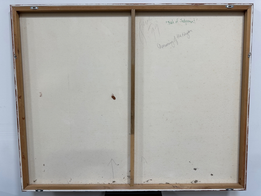 Gerrit Greve (1948-2024, Cardiff by the Sea, CA) Original Acrylic Sand Painting On Canvas Titled 'Book Of Judgement - Deserving Of The Kingdom' 1999 Signed Verso 60' X 48' Estimate $2,880 - $3,600 [Photo 8]