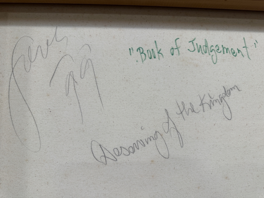 Gerrit Greve (1948-2024, Cardiff by the Sea, CA) Original Acrylic Sand Painting On Canvas Titled 'Book Of Judgement - Deserving Of The Kingdom' 1999 Signed Verso 60' X 48' Estimate $2,880 - $3,600 [Photo 9]