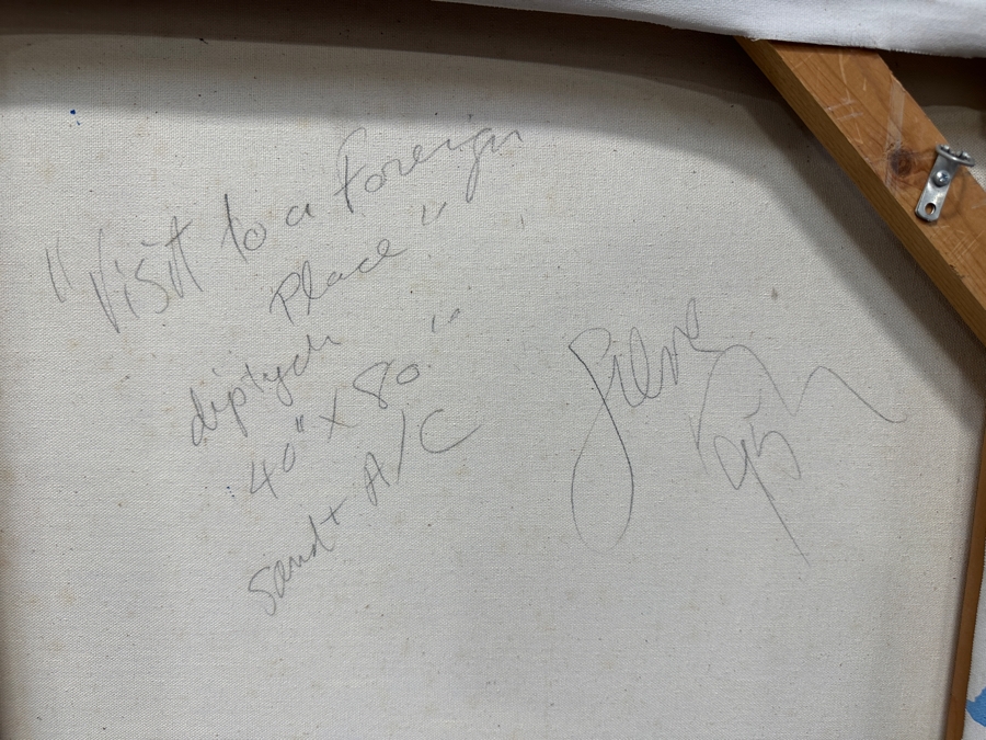 Gerrit Greve (1948-2024, Cardiff by the Sea, CA) Original Acrylic Sand Diptych Painting On Canvas Titled 'Visit To A Foreign Place' 1995 Signed Verso 80' X 40' Estimate $3,200 - $4,000 [Photo 8]