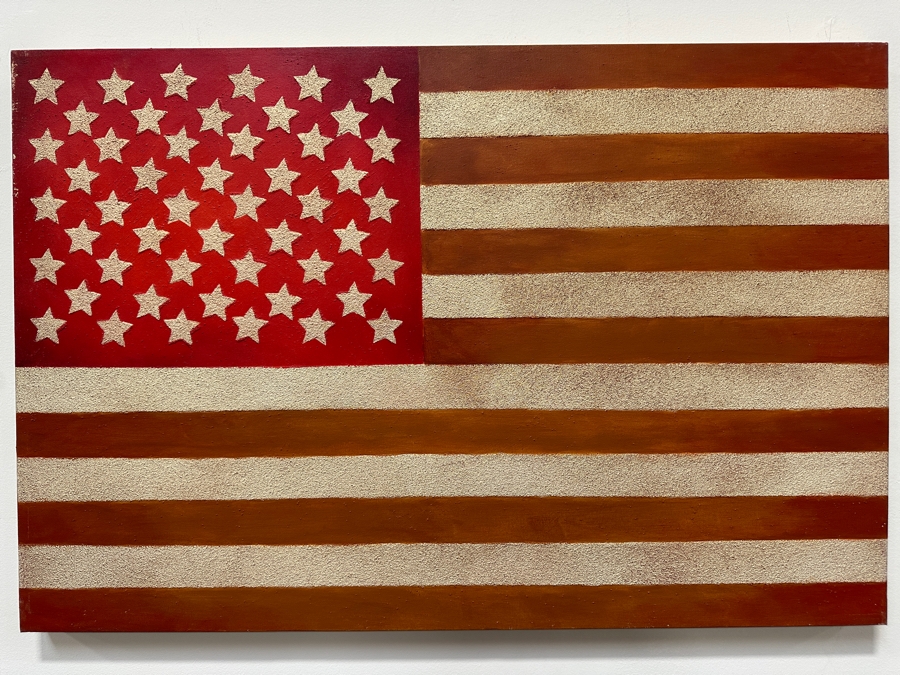 Gerrit Greve (1948-2024, Cardiff by the Sea, CA) Original Acrylic Sand Painting On Canvas Titled 'Flag For My Sister' 2002 Signed Verso 36' X 24' Estimate $864 - $1,080 [Photo 2]