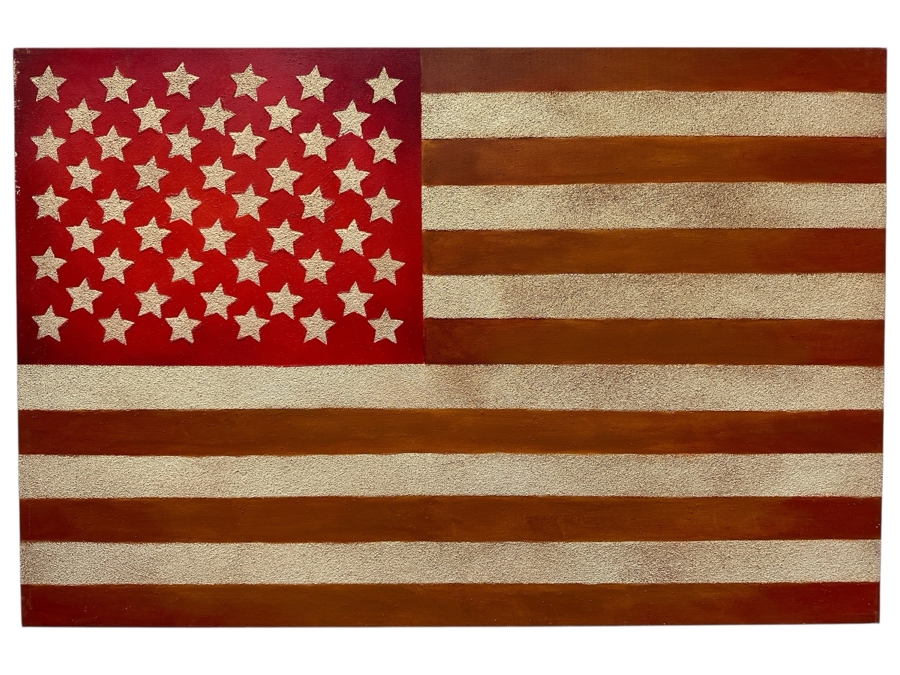 Gerrit Greve (1948-2024, Cardiff by the Sea, CA) Original Acrylic Sand Painting On Canvas Titled 'Flag For My Sister' 2002 Signed Verso 36' X 24' Estimate $864 - $1,080 [Photo 1]