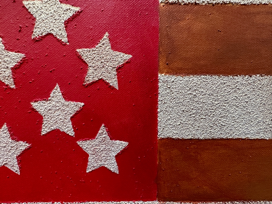 Gerrit Greve (1948-2024, Cardiff by the Sea, CA) Original Acrylic Sand Painting On Canvas Titled 'Flag For My Sister' 2002 Signed Verso 36' X 24' Estimate $864 - $1,080 [Photo 5]