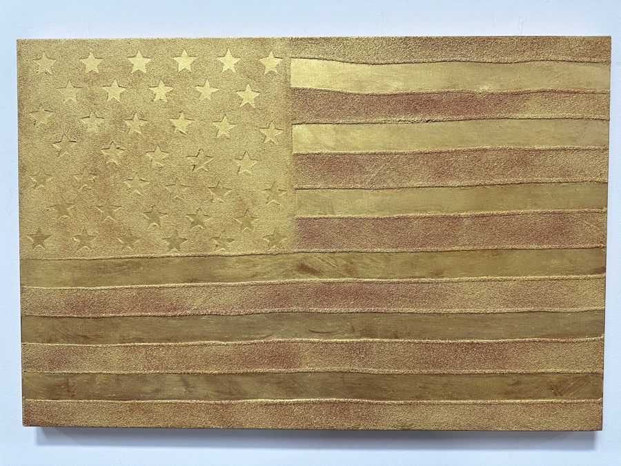 Gerrit Greve (1948-2024, Cardiff by the Sea, CA) Original Acrylic Sand Painting On Canvas Titled 'North Dakota Statehood Flag' 2001 Signed Verso 36' X 24' Estimate $864 - $1,080 [Photo 5]