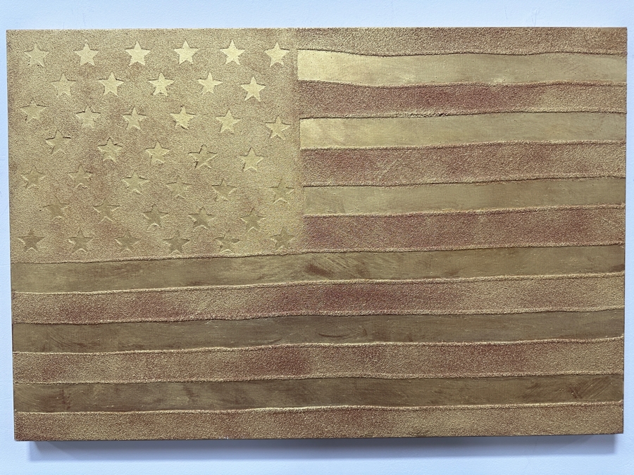 Gerrit Greve (1948-2024, Cardiff by the Sea, CA) Original Acrylic Sand Painting On Canvas Titled 'North Dakota Statehood Flag' 2001 Signed Verso 36' X 24' Estimate $864 - $1,080 [Photo 2]