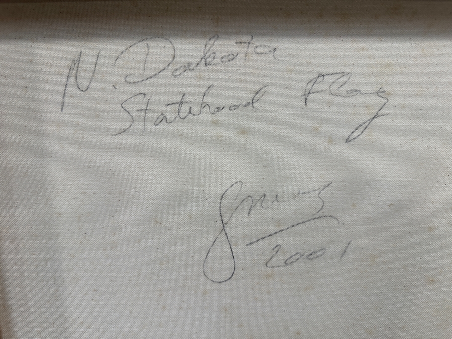 Gerrit Greve (1948-2024, Cardiff by the Sea, CA) Original Acrylic Sand Painting On Canvas Titled 'North Dakota Statehood Flag' 2001 Signed Verso 36' X 24' Estimate $864 - $1,080 [Photo 7]