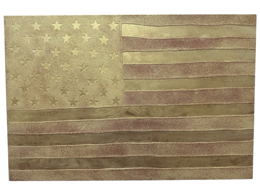 Gerrit Greve (1948-2024, Cardiff by the Sea, CA) Original Acrylic Sand Painting On Canvas Titled 'North Dakota Statehood Flag' 2001 Signed Verso 36' X 24' Estimate $864 - $1,080 [Photo 1]