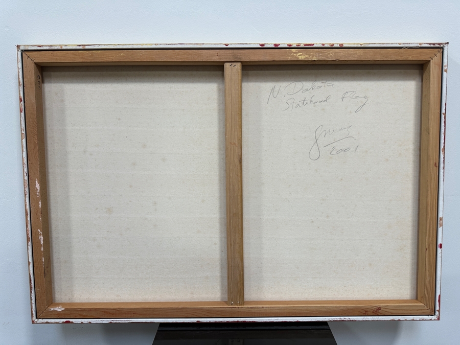 Gerrit Greve (1948-2024, Cardiff by the Sea, CA) Original Acrylic Sand Painting On Canvas Titled 'North Dakota Statehood Flag' 2001 Signed Verso 36' X 24' Estimate $864 - $1,080 [Photo 6]