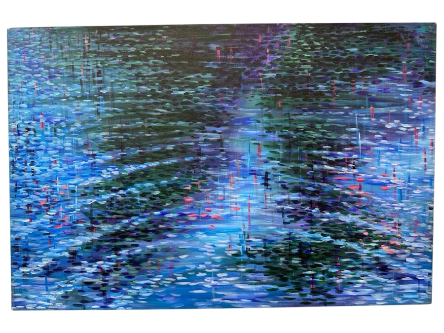 Gerrit Greve (1948-2024, Cardiff by the Sea, CA) Original Acrylic Painting On Canvas Titled 'Blue Lakeside Ripples' Signed Verso 36' X 24' Estimate $864 - $1,080