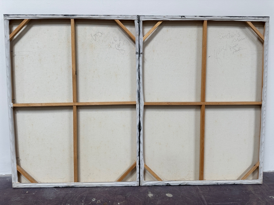 Gerrit Greve (1948-2024, Cardiff by the Sea, CA) Original Acrylic Diptych Painting On Canvas Titled 'Einstein's Dream' Signed Lower Right 48' X 36' Estimate $1,728 - $2,160 [Photo 8]