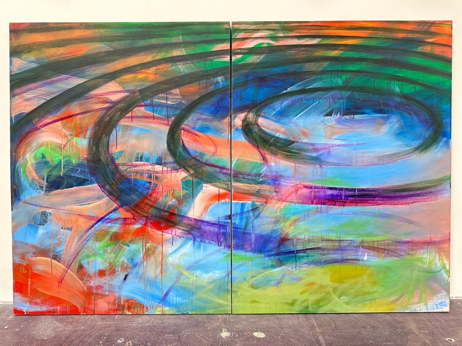 Gerrit Greve (1948-2024, Cardiff by the Sea, CA) Original Acrylic Diptych Painting On Canvas Titled 'Einstein's Dream' Signed Lower Right 48' X 36' Estimate $1,728 - $2,160 [Photo 2]